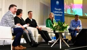 Meg heffron (second from left), Sarah Abood (second from right) and Peter burgess (right). Photo: Joel Roosa